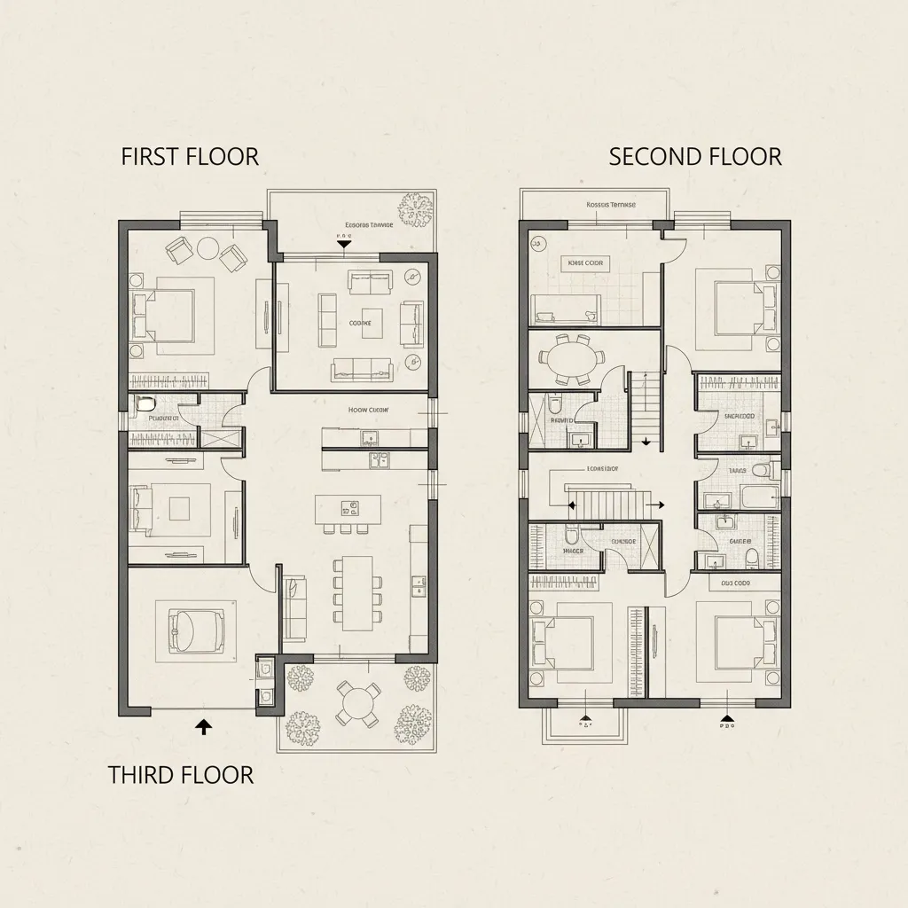 Plano arquitectónico de una casa de tres pisos con distribución clara