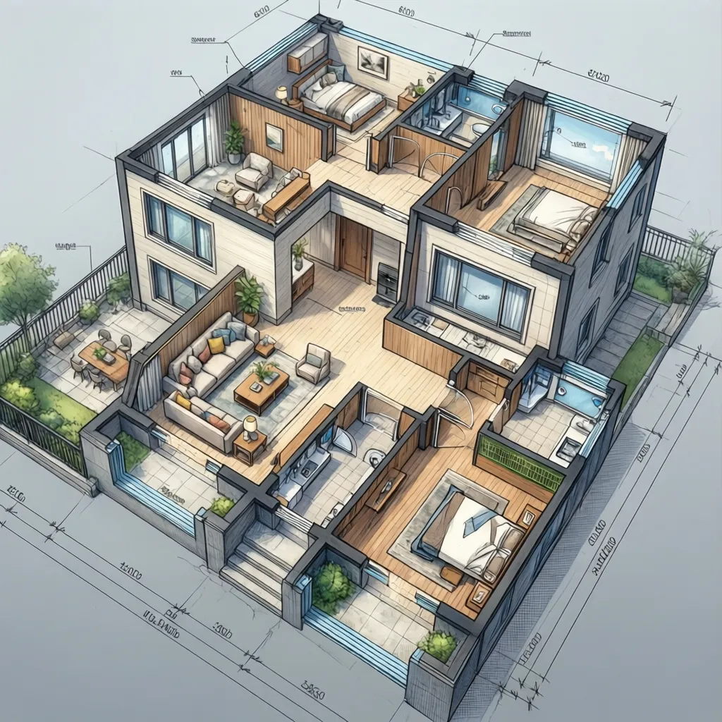 Plano arquitectónico mostrando la distribución de una casa de tres pisos