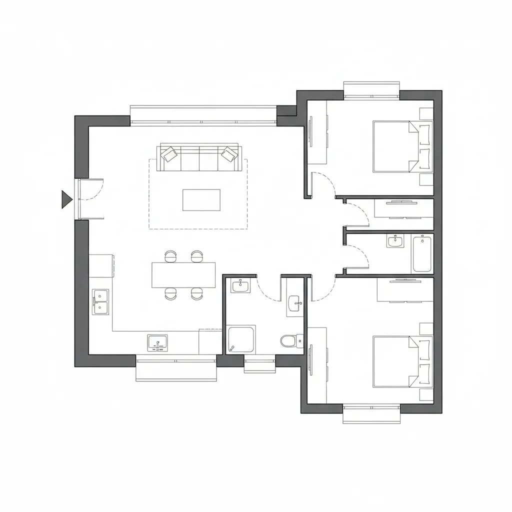 Plano arquitectónico de una casa de una sola planta con distribución clara