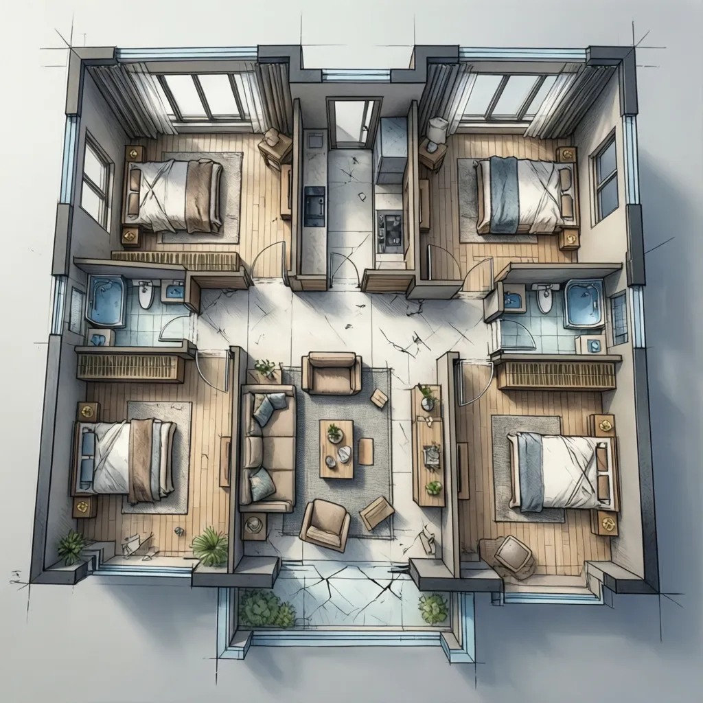 Plano arquitectónico de casa de una planta con tres dormitorios