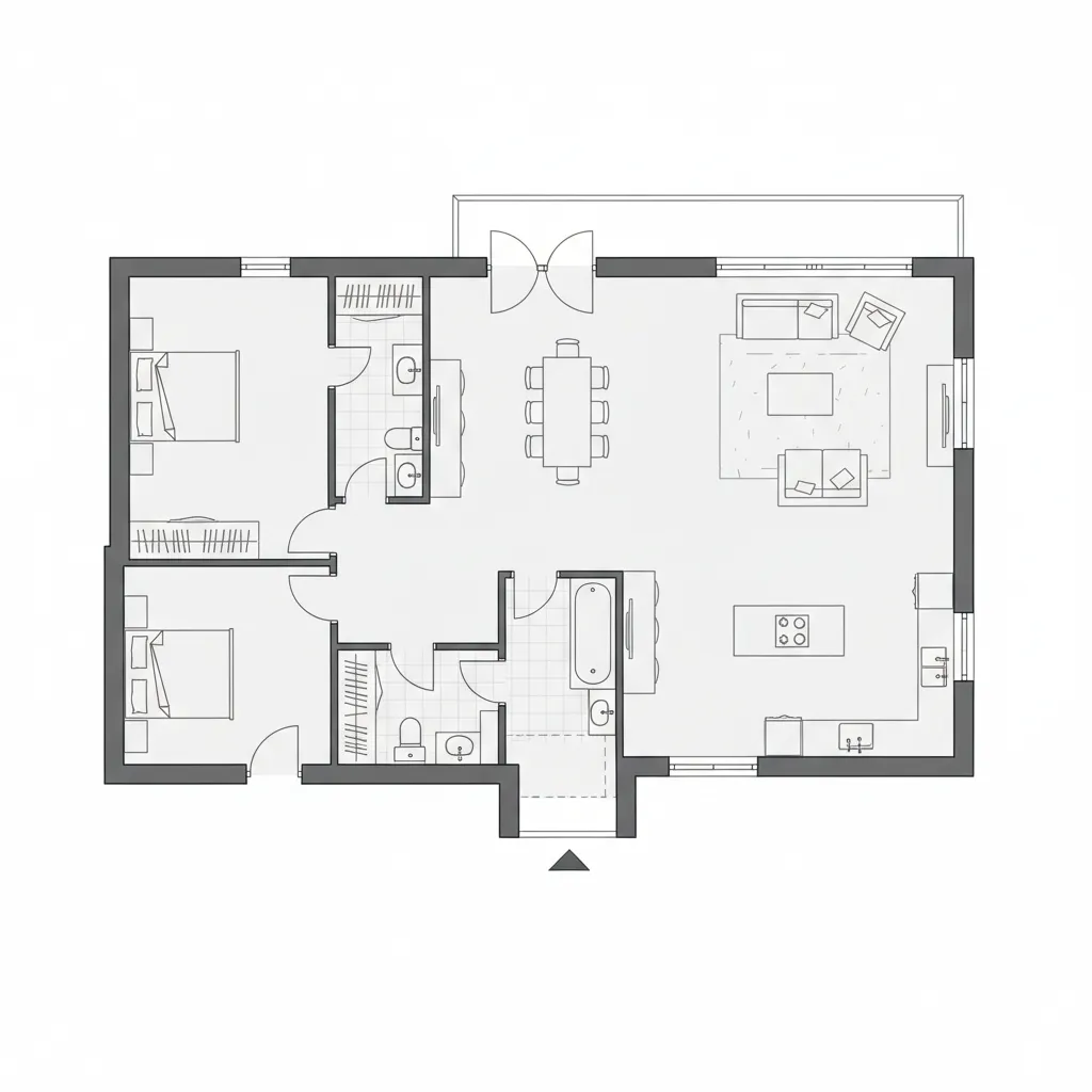 Black and white floor plan showing two bedrooms two bathrooms kitchen dining area and living room
