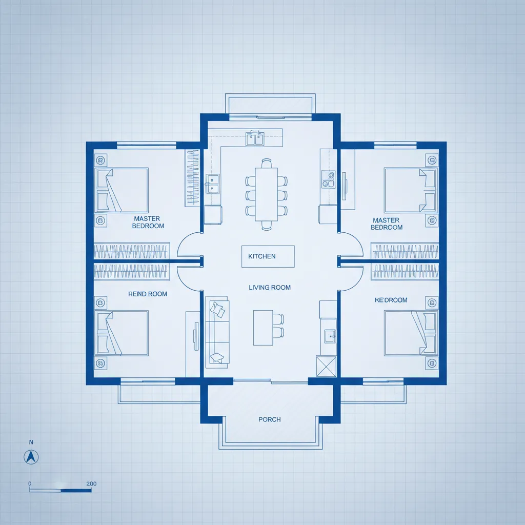 Blue line interior design drawing showing four bedrooms kitchen dining living room and small porch
