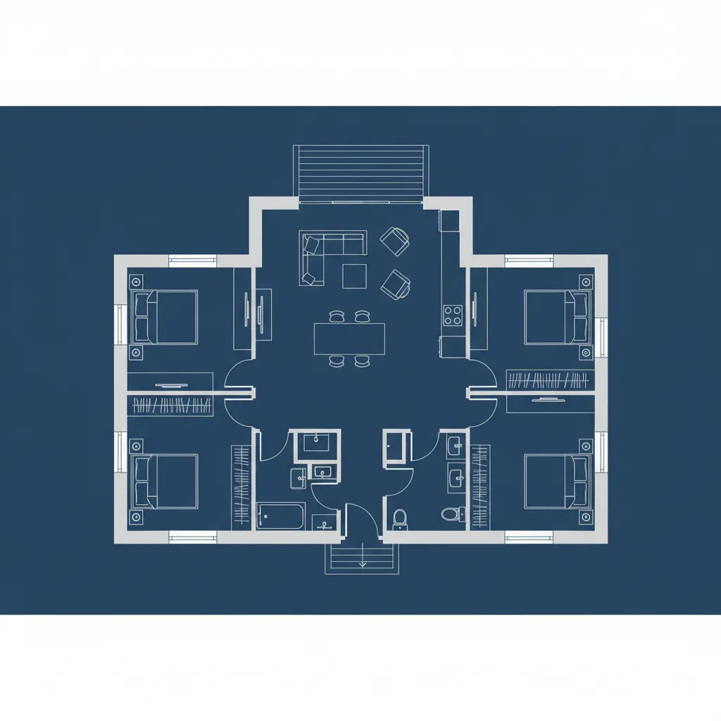 Plano arquitectónico de una casa moderna de una planta
