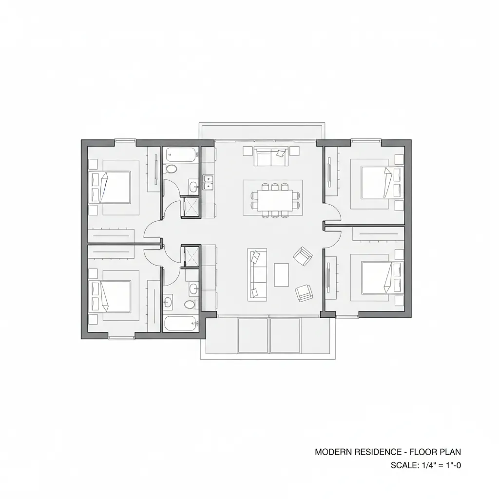 Plano arquitectónico de casa moderna de una planta con distribución abierta