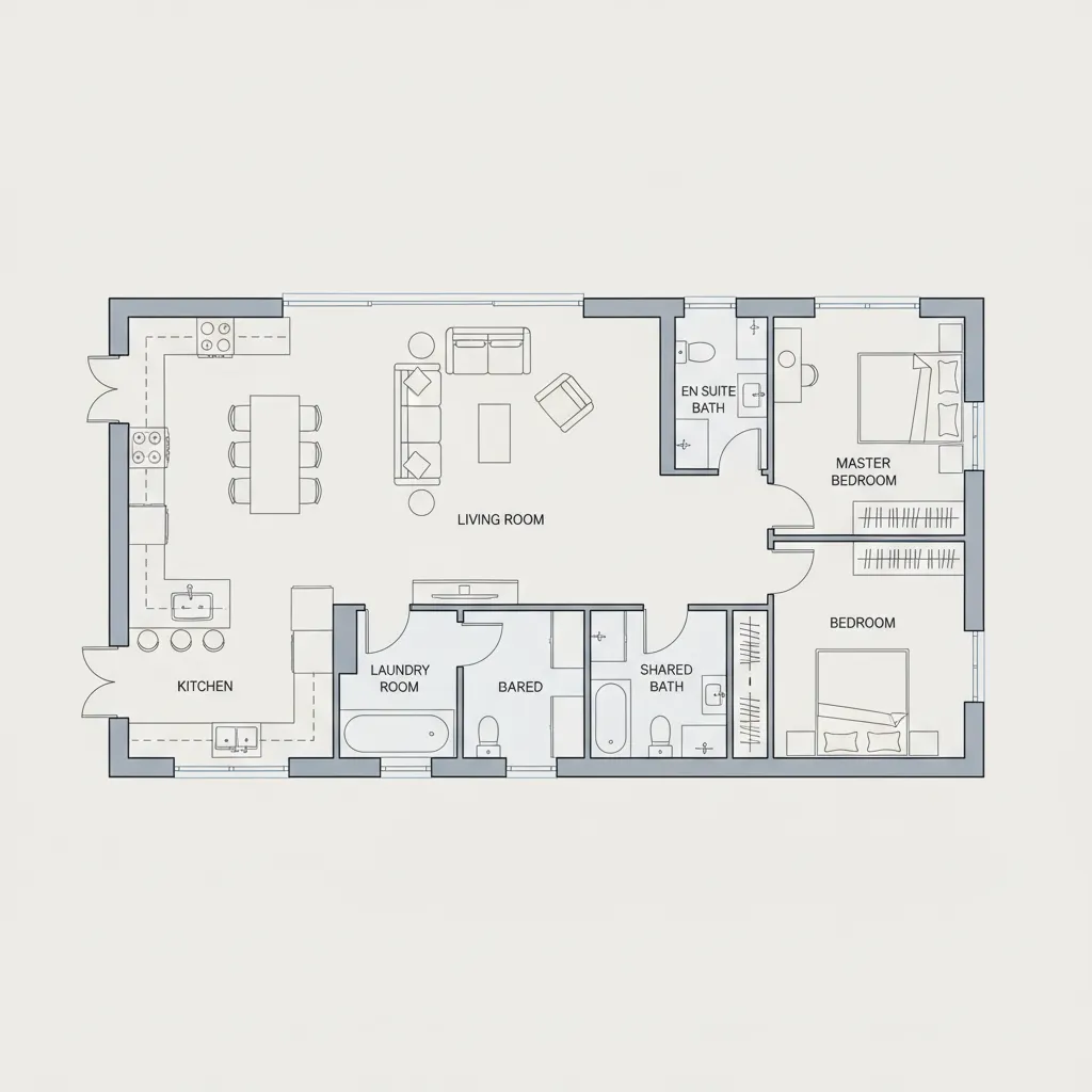 Minimalist 2D house floor plan layout with kitchen living room laundry room and two bedrooms