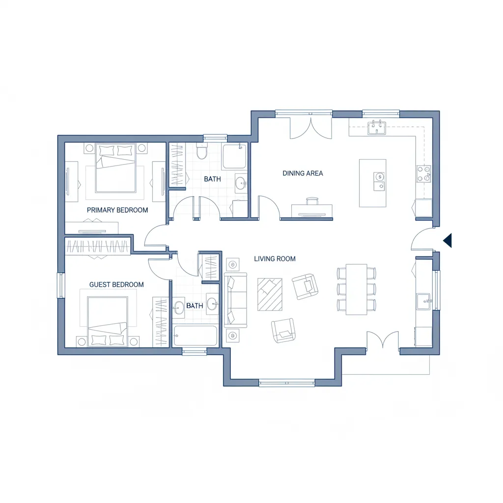 Plano arquitectónico de una casa de una planta con zonas diferenciadas