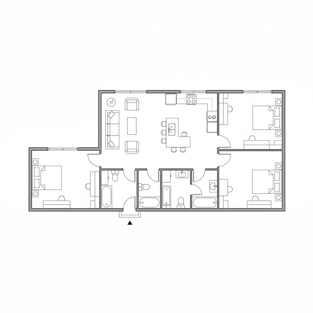 Plano arquitectónico de casa de una planta con distribución de habitaciones