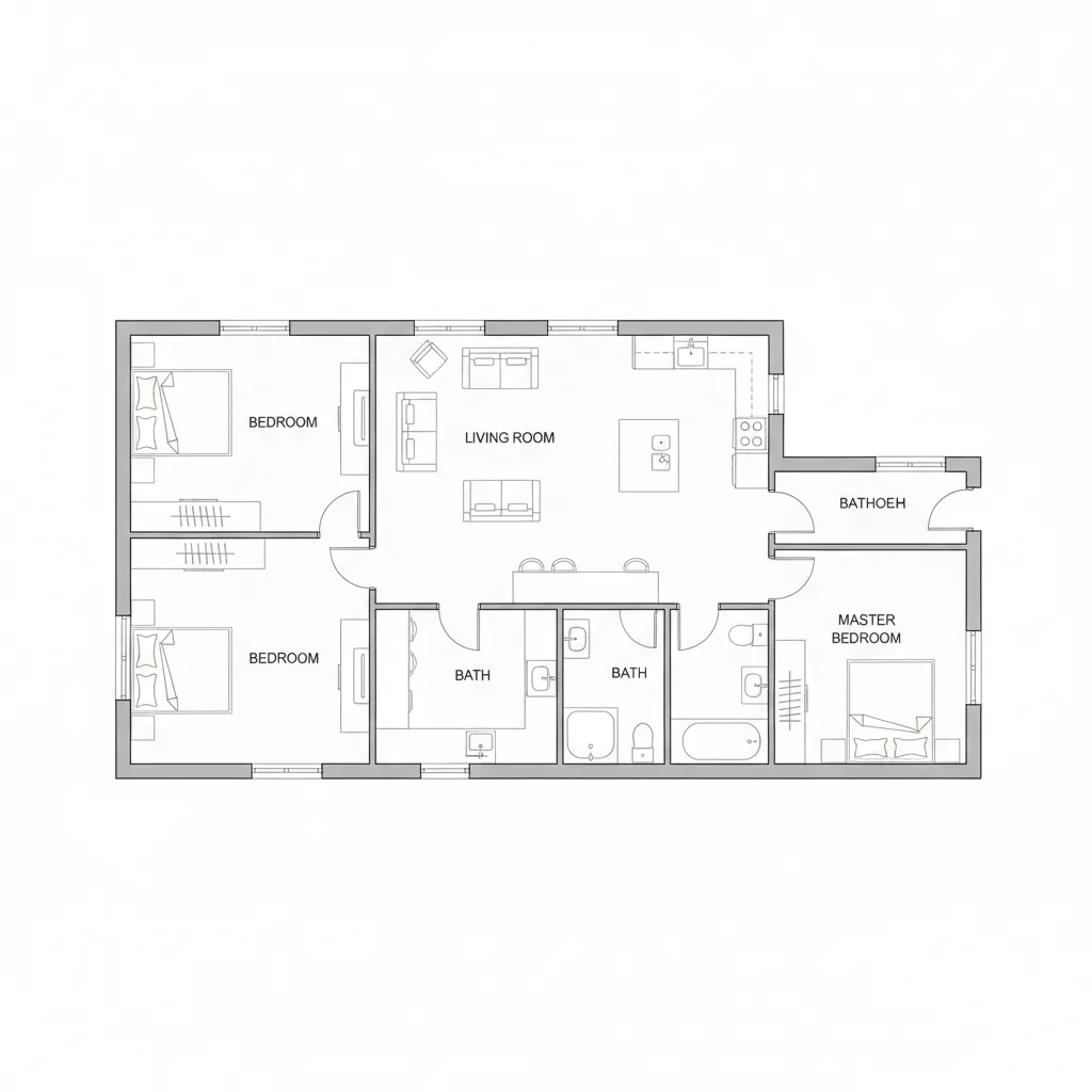 Plano arquitectónico de una casa de una planta con distribución clara