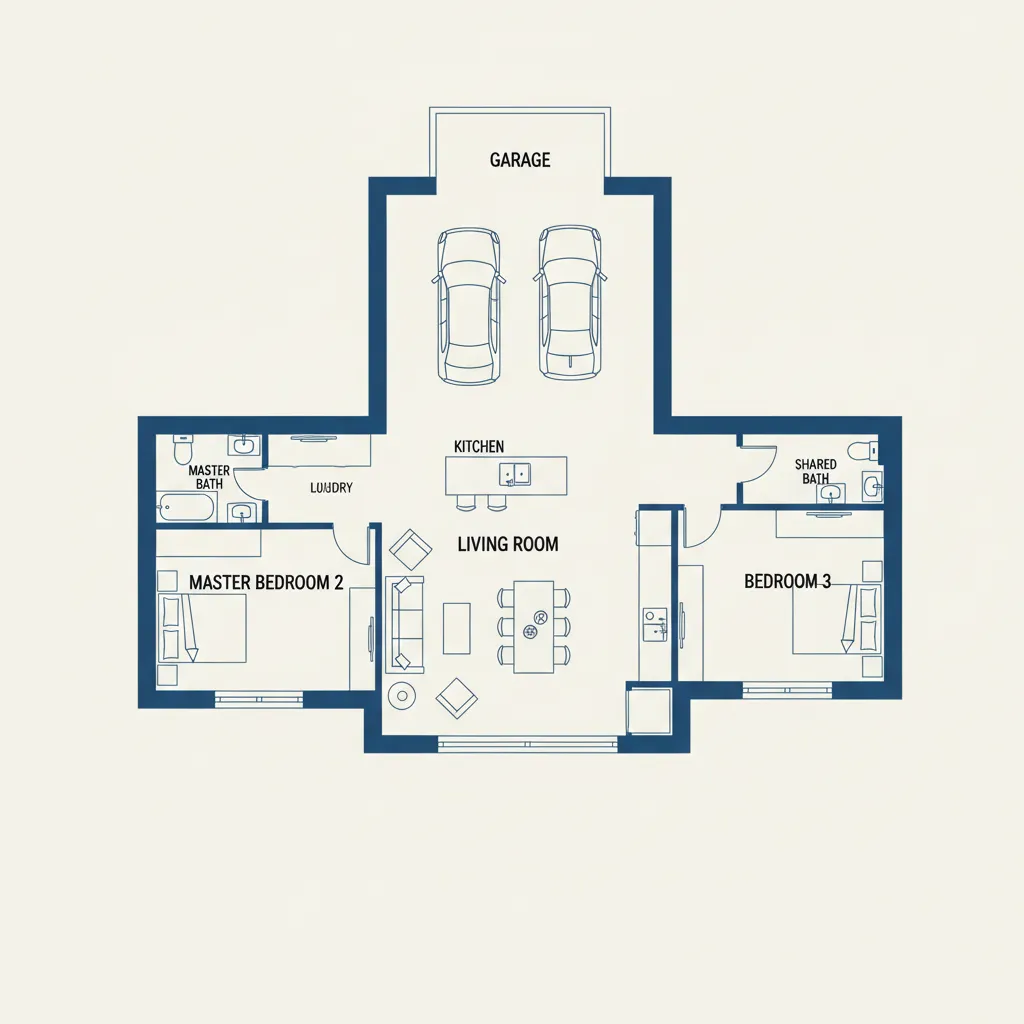 Plano arquitectónico de una casa de una sola planta