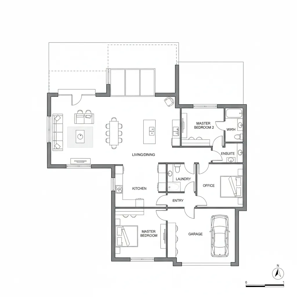 Plano arquitectónico de casa moderna de una planta con zonas diferenciadas
