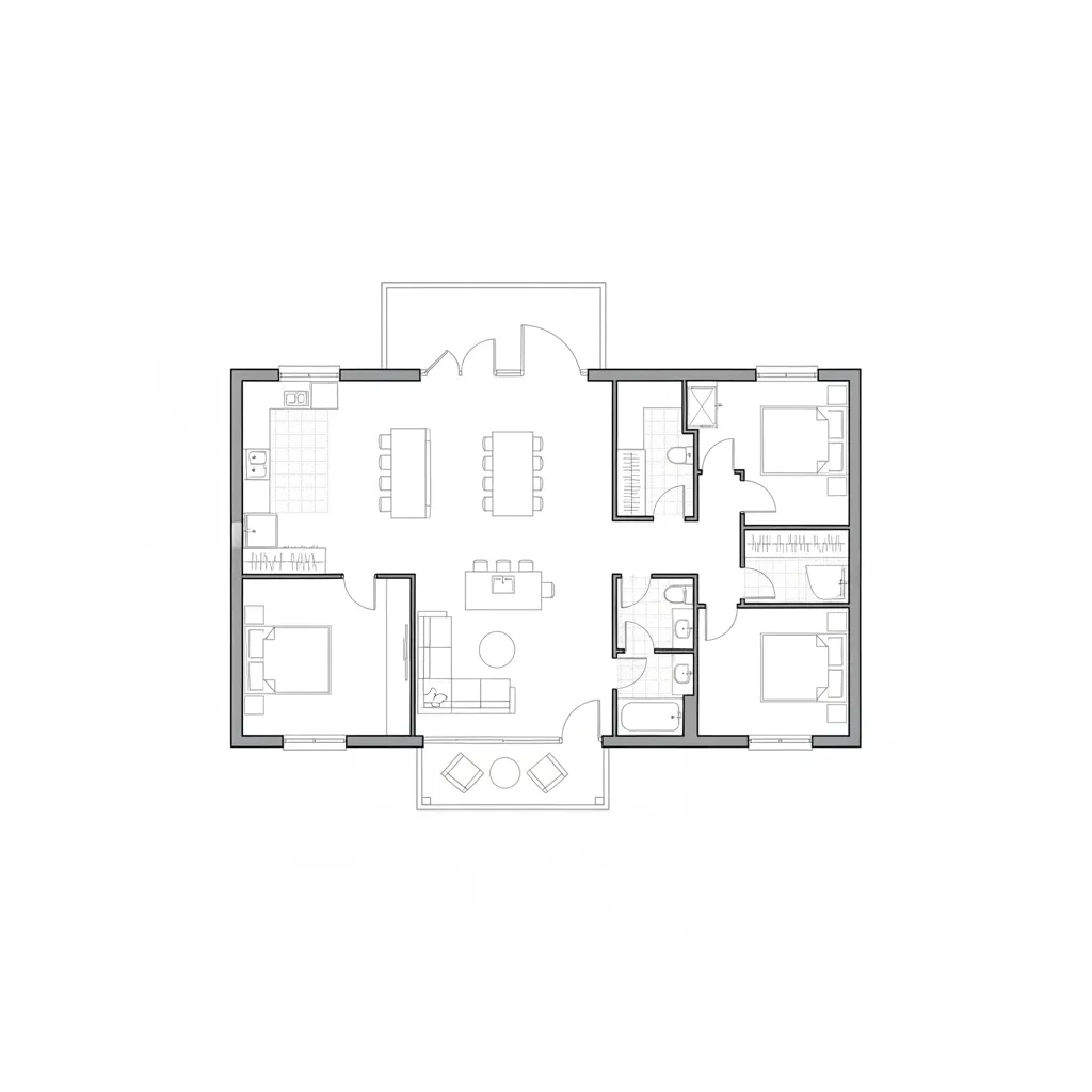 Plano arquitectónico de casa de una planta en forma de L