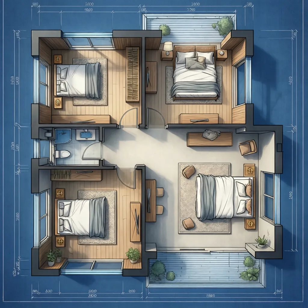 Plano simple de una casa de una planta con tres habitaciones