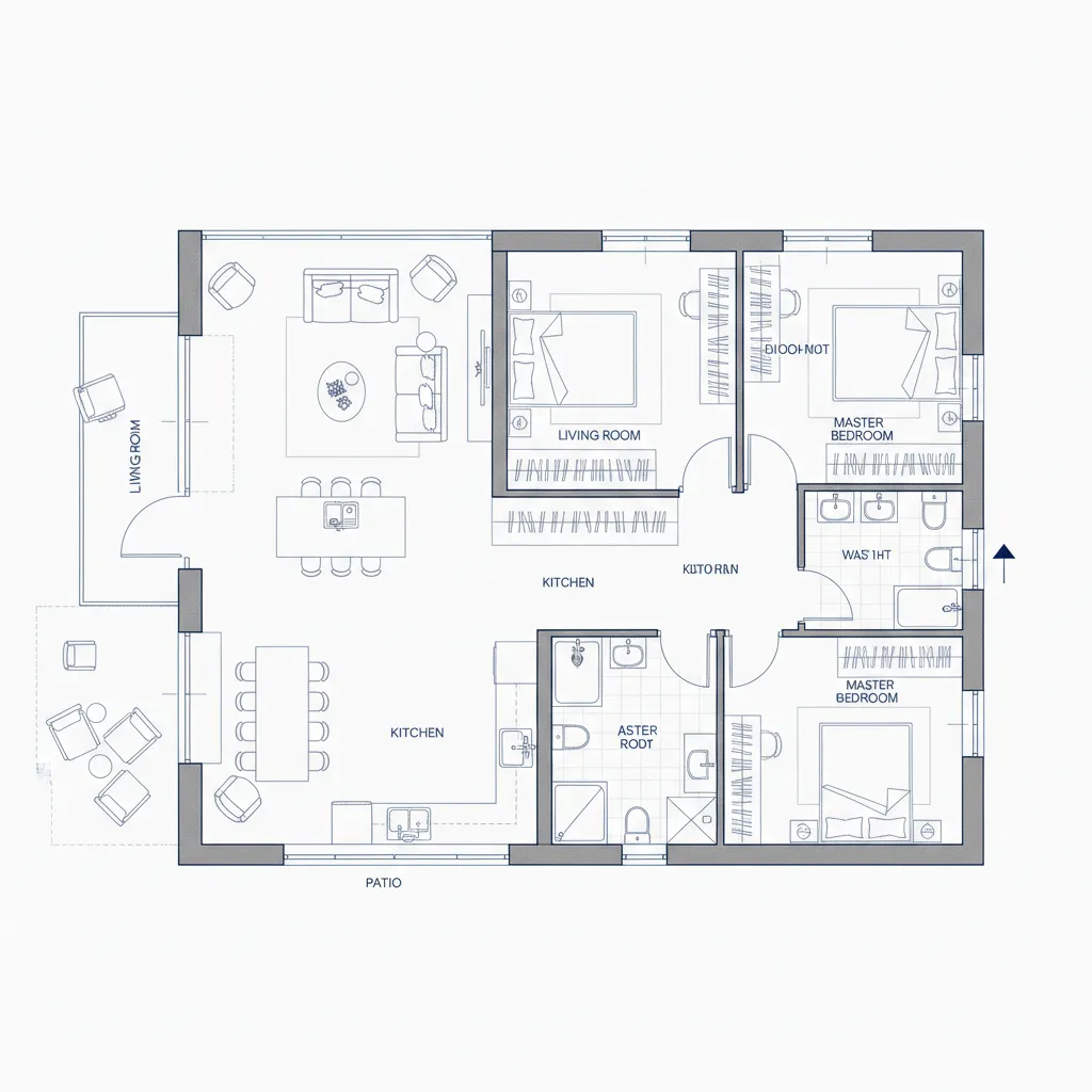 Simple house floor plan layout showing kitchen living room bedrooms bathrooms and a large patio