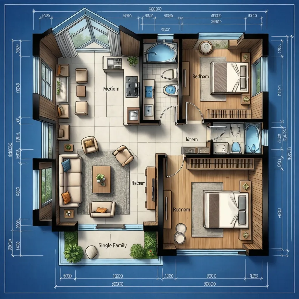 Plano arquitectónico de una casa unifamiliar con zonas separadas