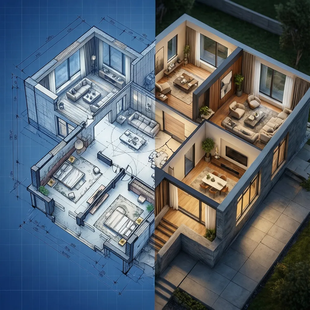 Comparison showing a blue floor plan sketch and a finished three dimensional interior design drawing
