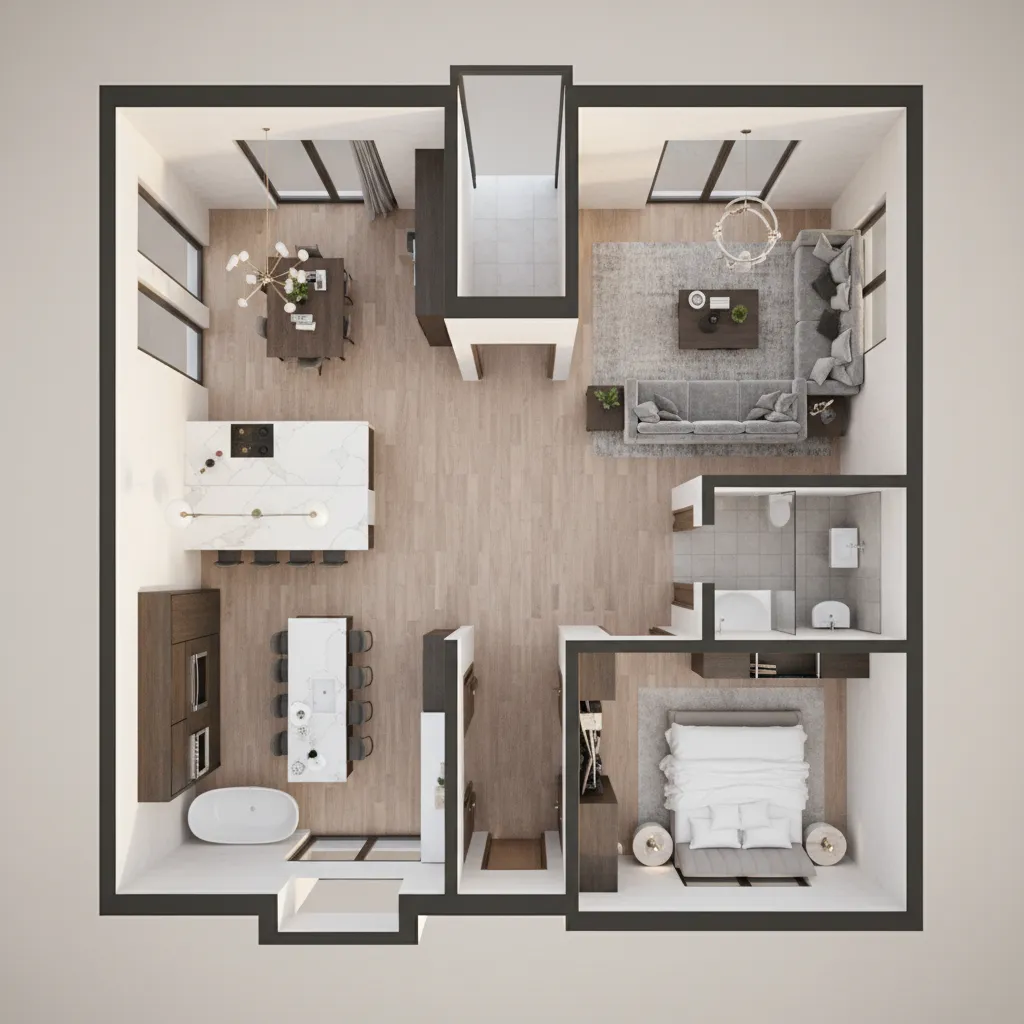 Visualización 3D de plano de casa con muebles y paredes cortadas