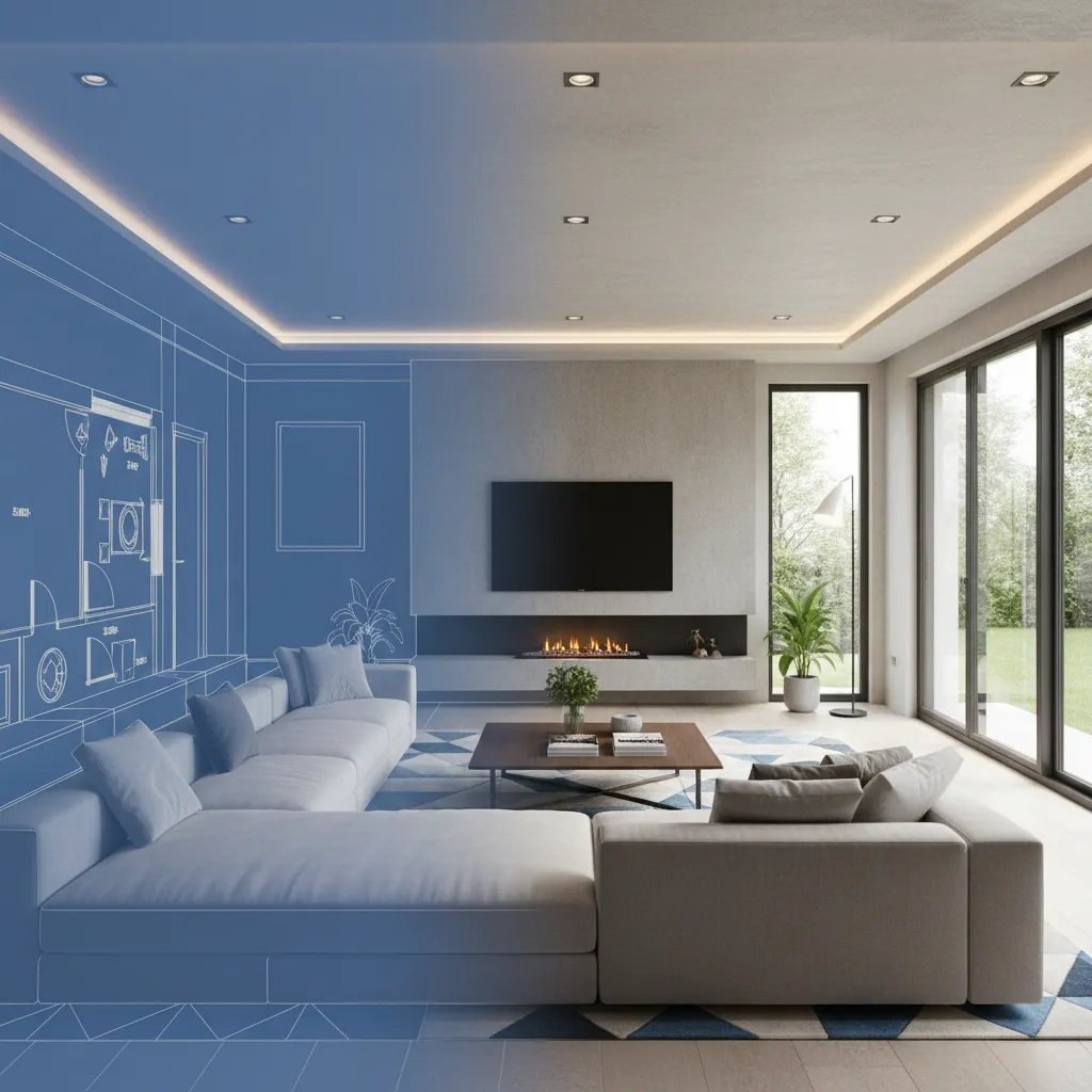 Plano de casa transformándose en visualización 3D de interior moderno