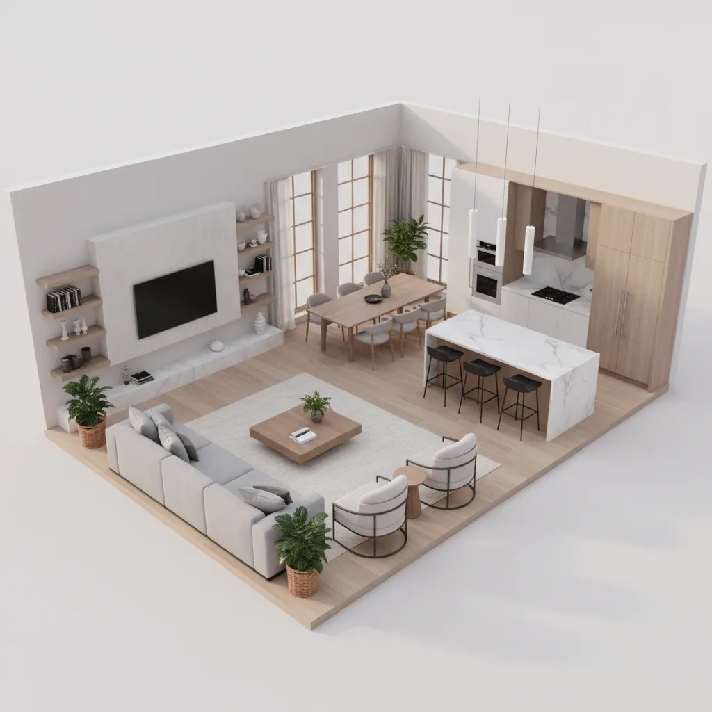 visualización 3D de un plano de casa con muebles y distribución interior