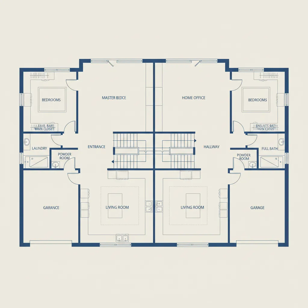Plano arquitectónico de dos casas pareadas con distribución simétrica