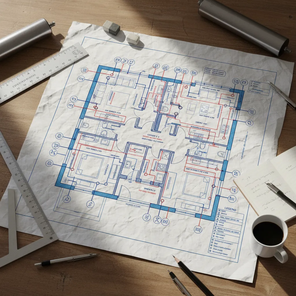 Plano técnico mostrando diferentes circuitos eléctricos en una vivienda