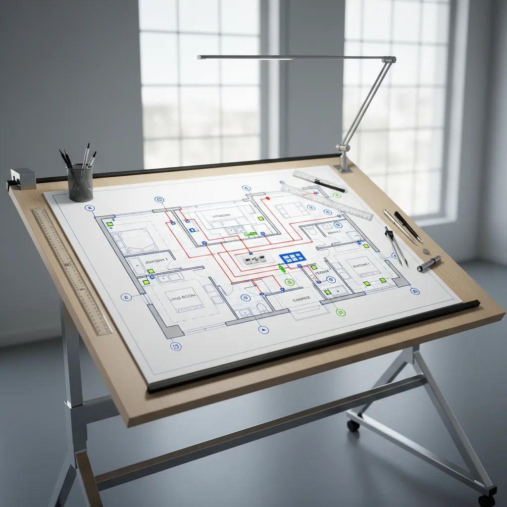 House floor plan with red circuit lines on drafting table with a silver desk lamp