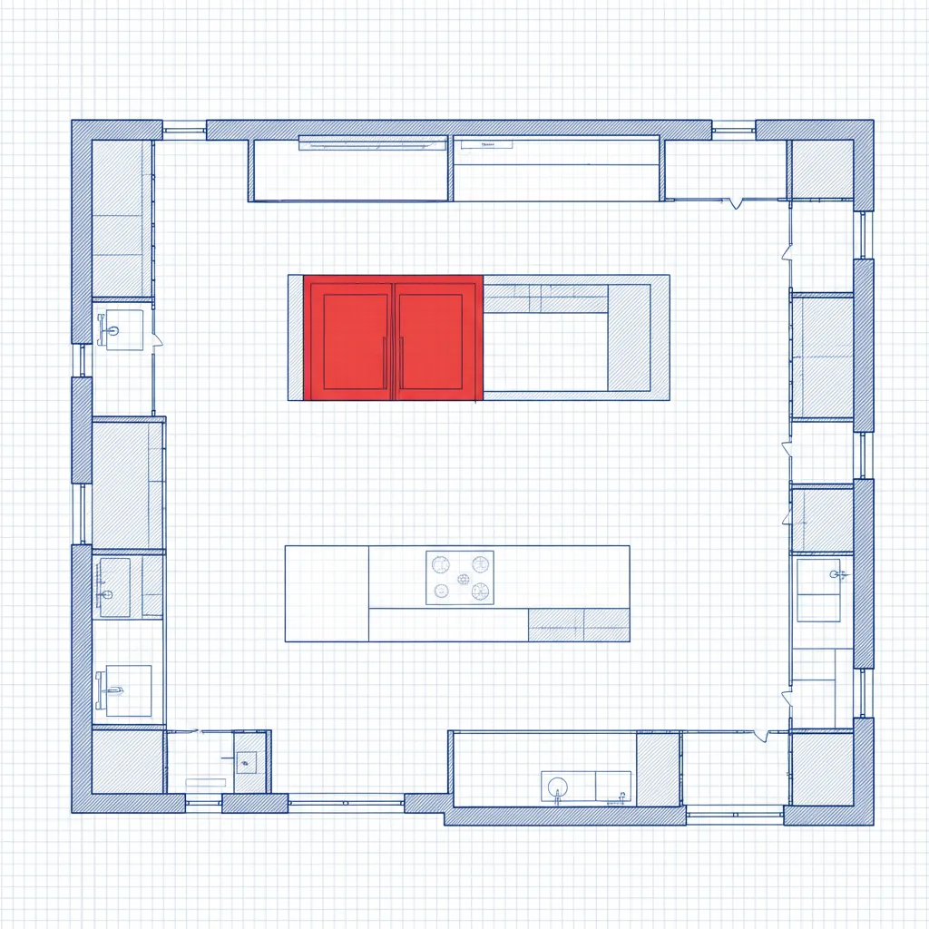 Plano de cocina profesional con la nevera claramente marcada