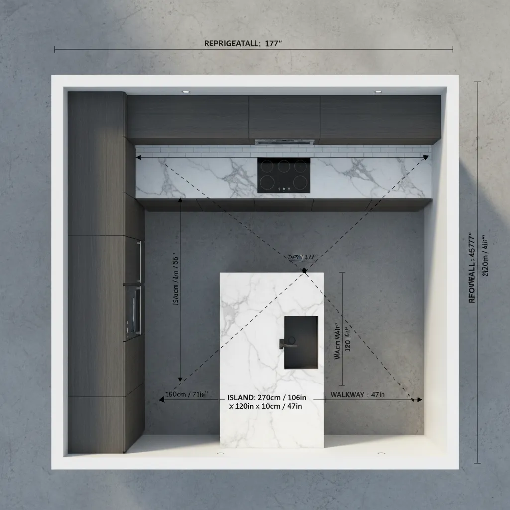 Plano de cocina mostrando el triángulo de trabajo entre fregadero, cocina y refrigerador