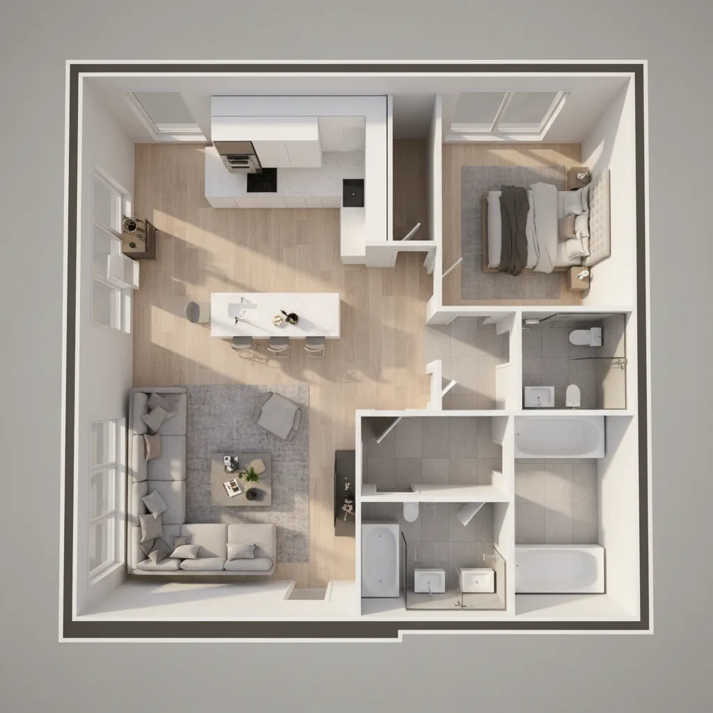 Plano 3D completo de un apartamento con varias habitaciones