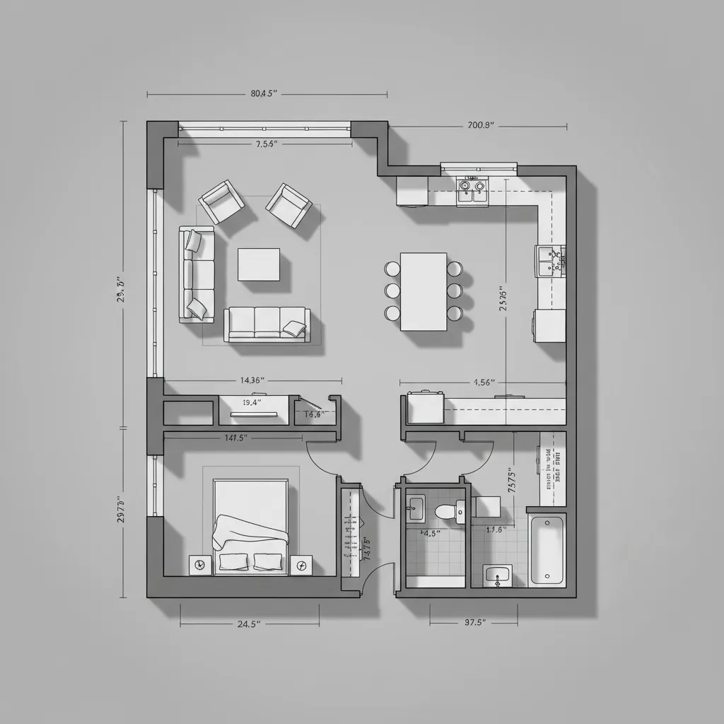 Plano de habitación con medidas precisas utilizado para diseño interior