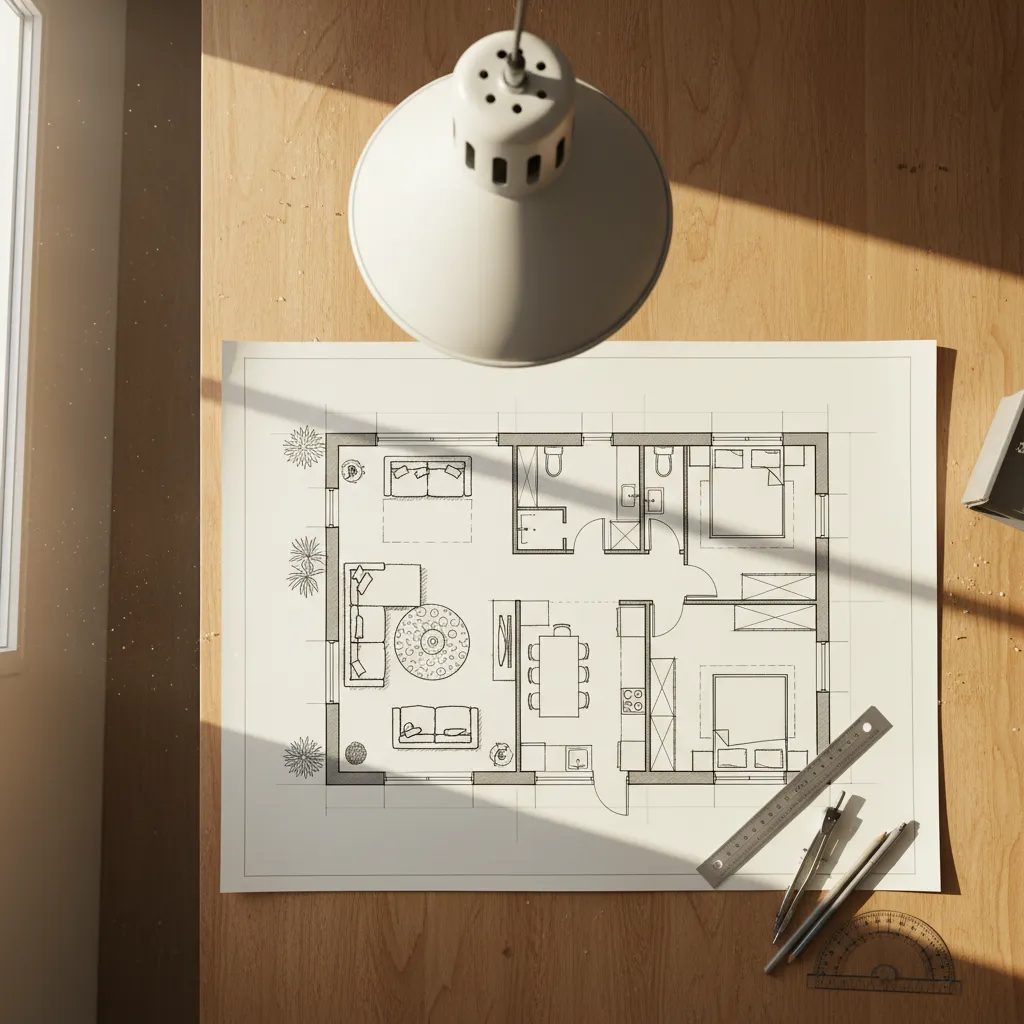 Plano de distribución de un apartamento con diseño de mobiliario