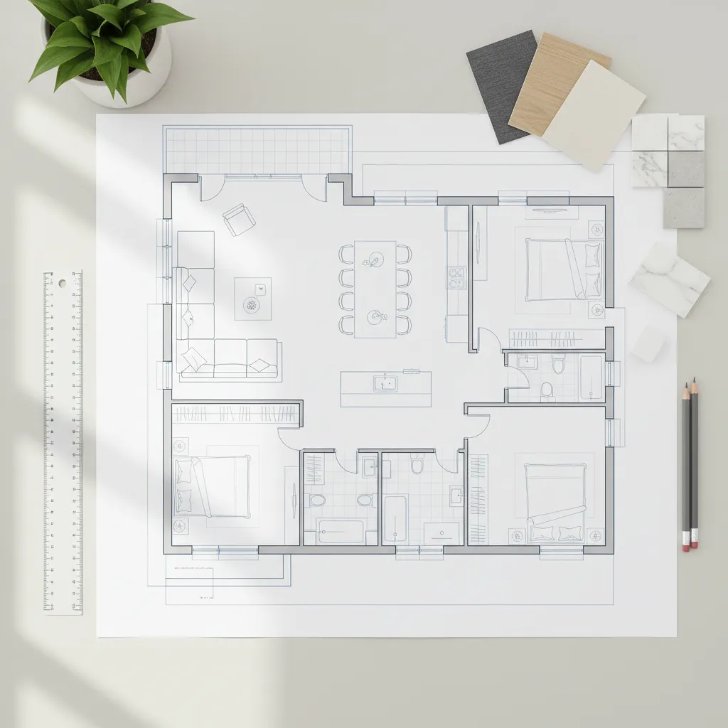 Plano de vivienda con distribución de muebles