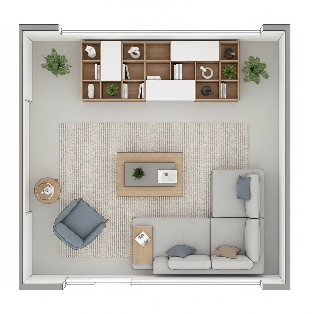 Plano digital de una habitación con muebles colocados