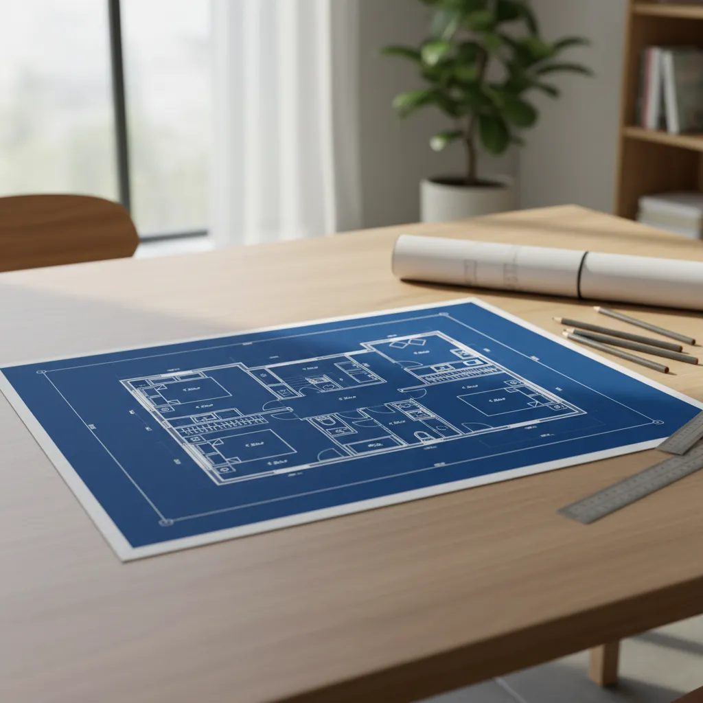 Plano arquitectónico de una casa con distribución de habitaciones
