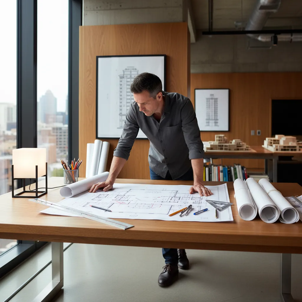 Man looking at floor plan on wooden table in office with windows and city view
