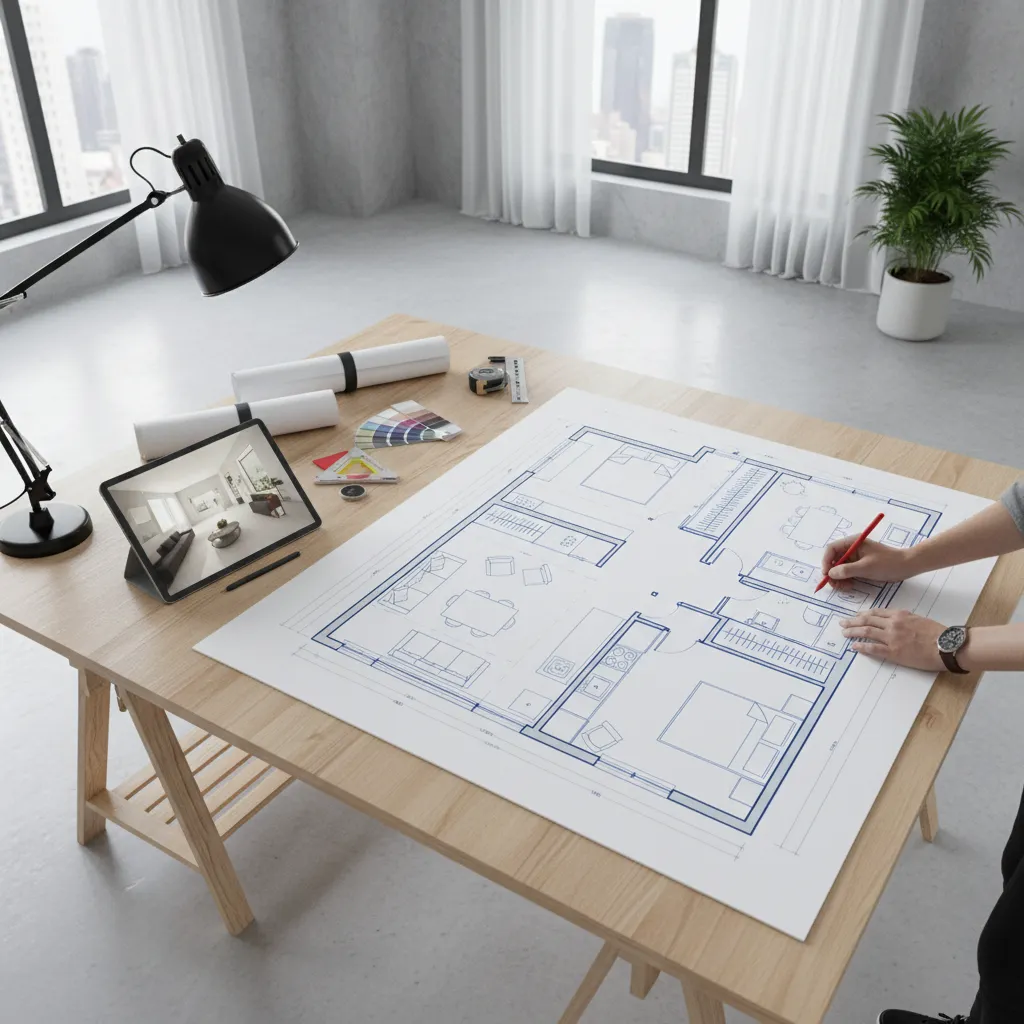 Plano de diseño interior con distribución de mobiliario