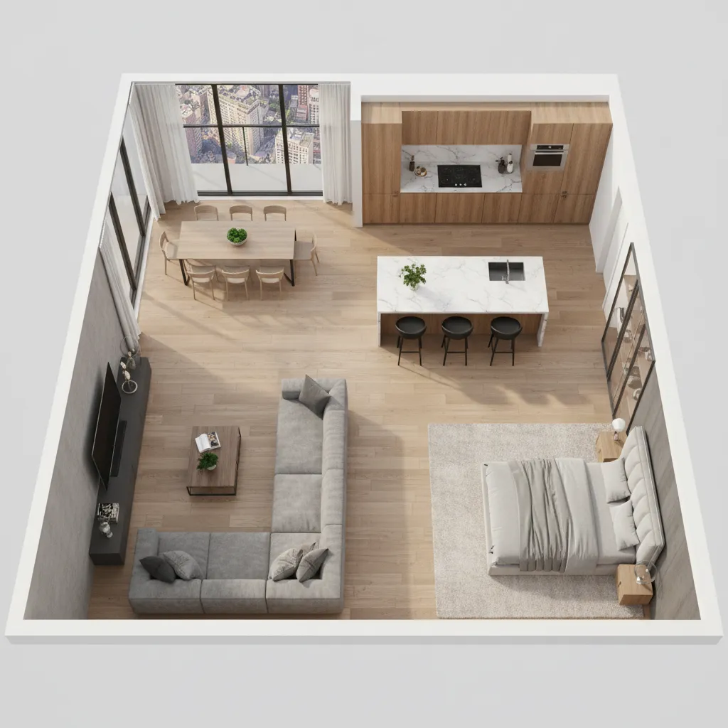 Interior design drawing showing a studio apartment layout with kitchen dining living and bedroom areas