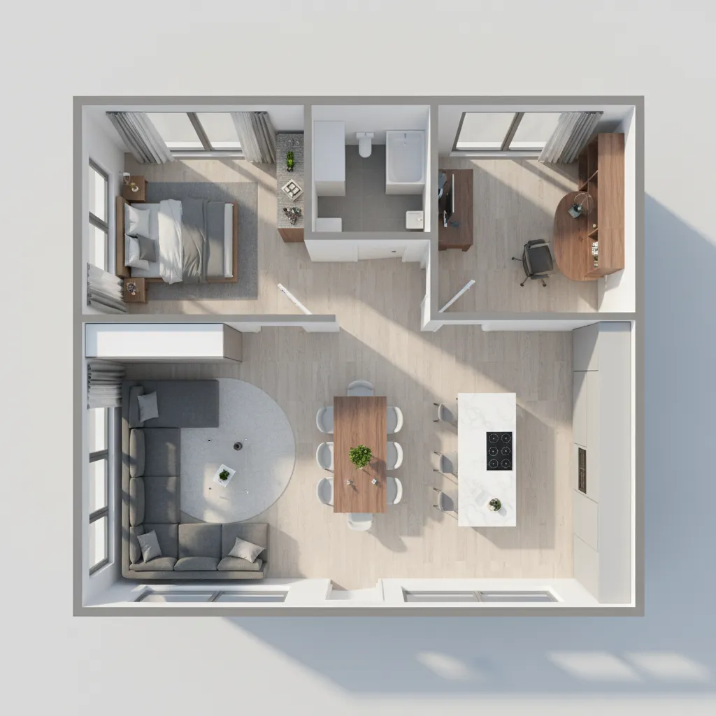 Plano 3D de distribución interior de una vivienda