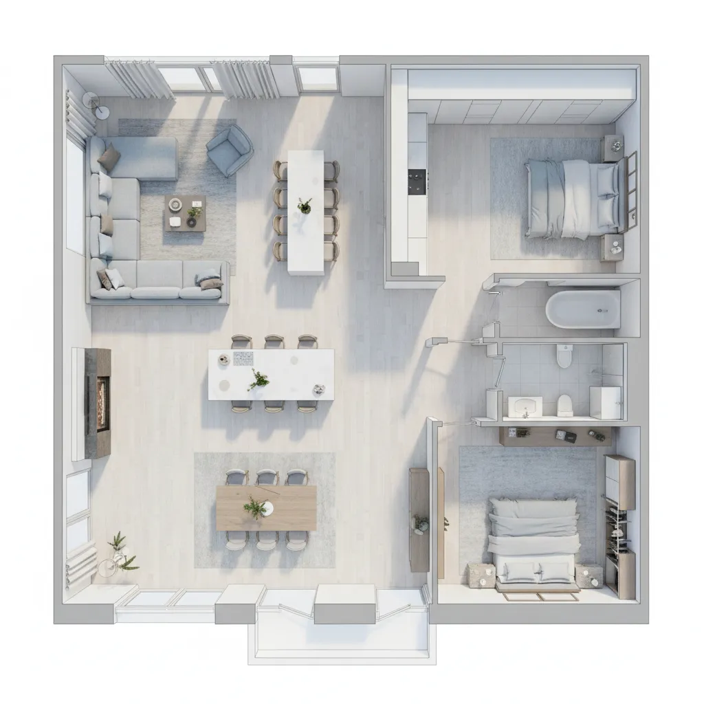 Plano de distribución de un apartamento con muebles y zonas marcadas