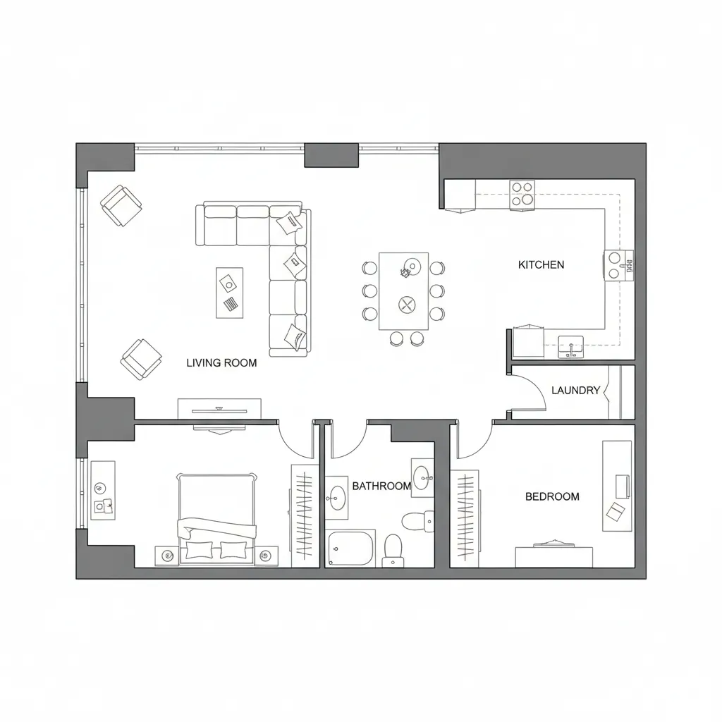 Plano de distribución de apartamento con mobiliario y medidas