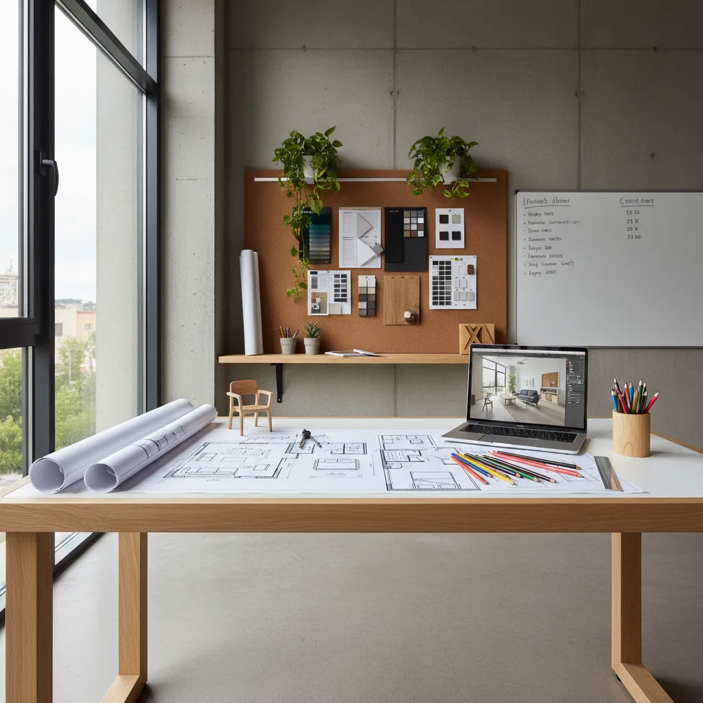 Plano de vivienda con muebles y distribución interior sobre mesa de trabajo