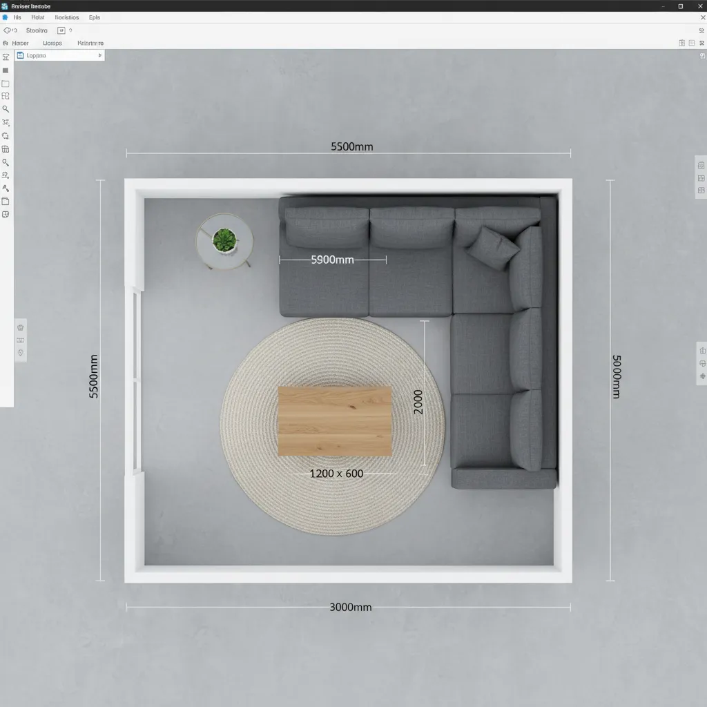Plano digital de una sala diseñado con una aplicación de interiorismo