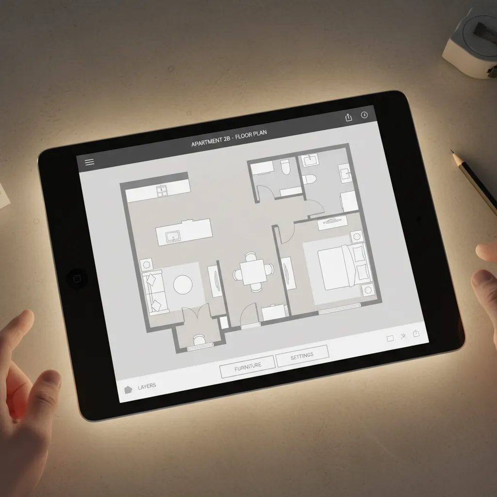 Plano digital de un apartamento con muebles distribuidos en software de diseño interior