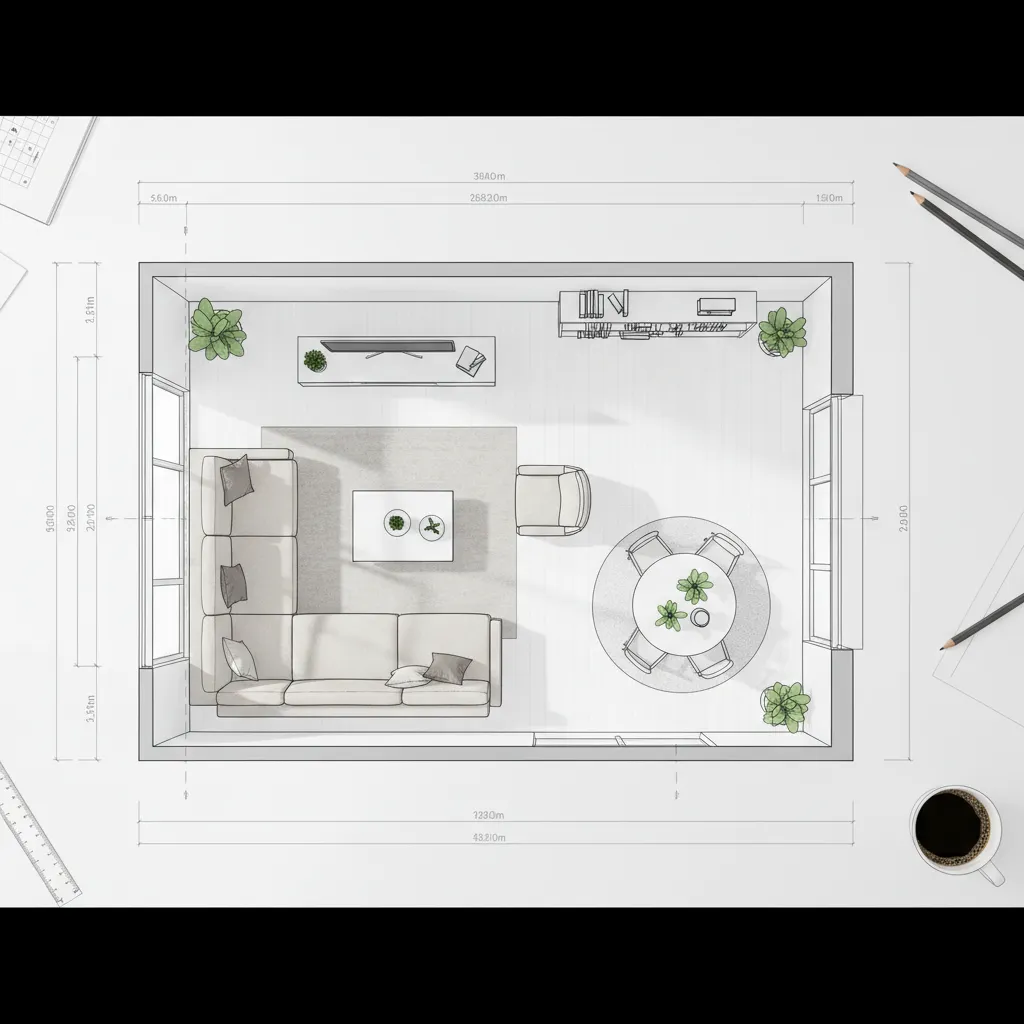 Plano de distribución de sala de estar con medidas y mobiliario