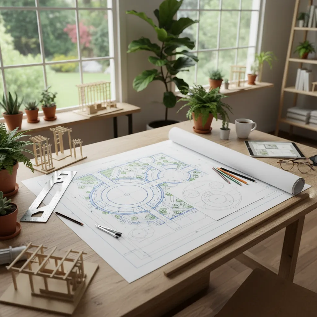 Plano de diseño de jardín residencial con zonas marcadas