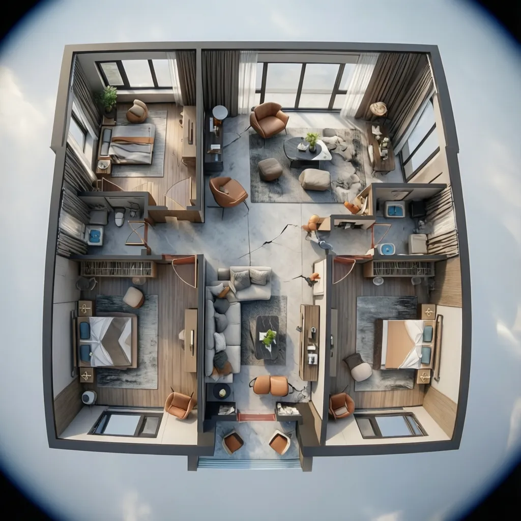 Plano de planta 3D mostrando la distribución de un apartamento