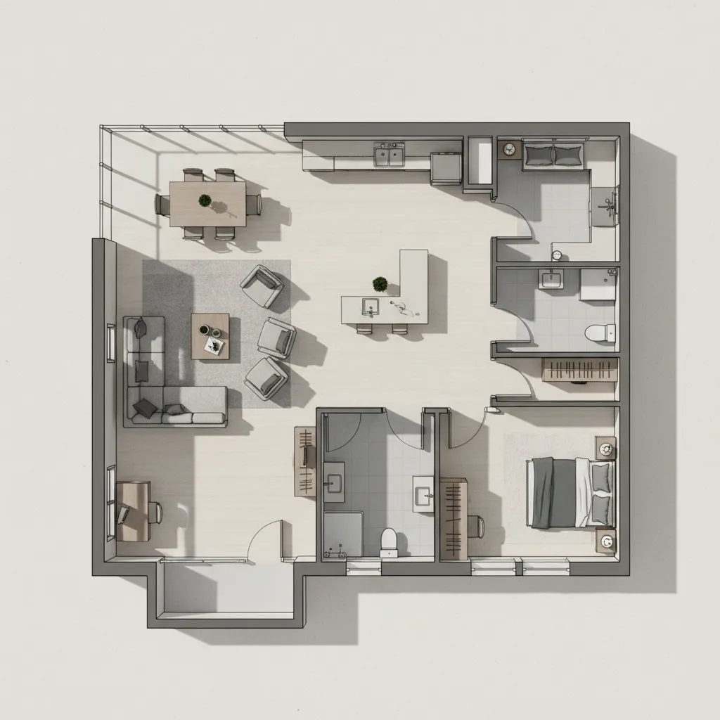 Plano de distribución de un apartamento con zonas funcionales definidas