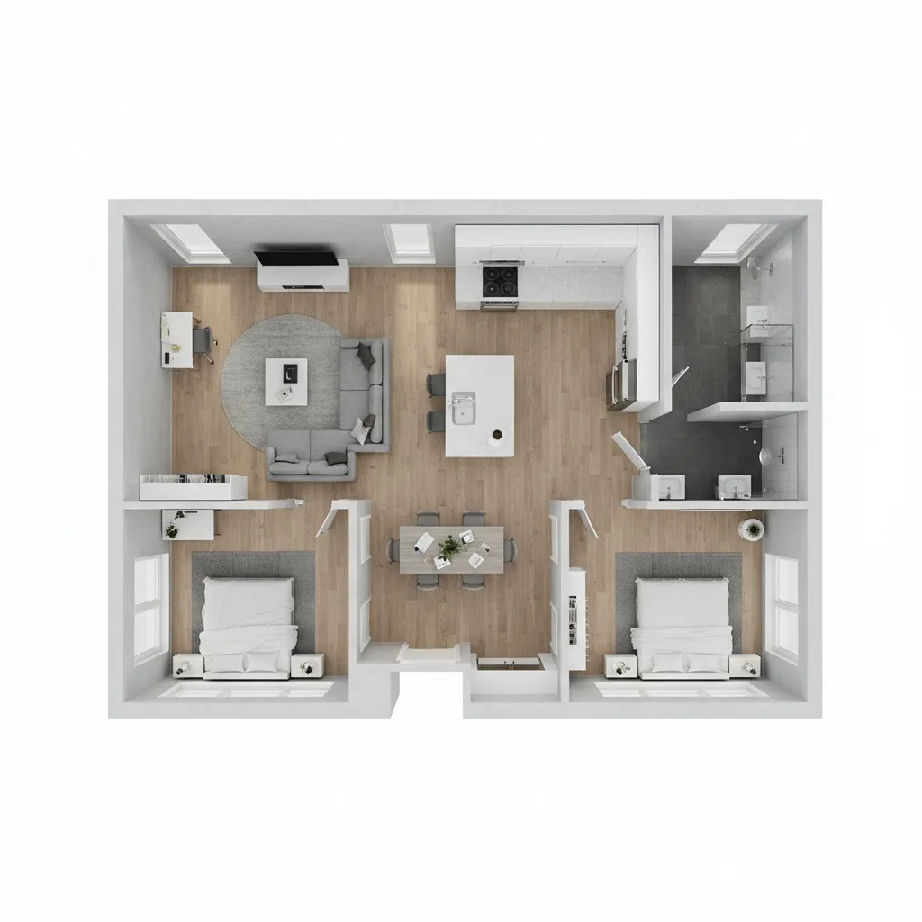 Interior design drawing of two bedroom apartment with living room kitchen dining area and bathroom