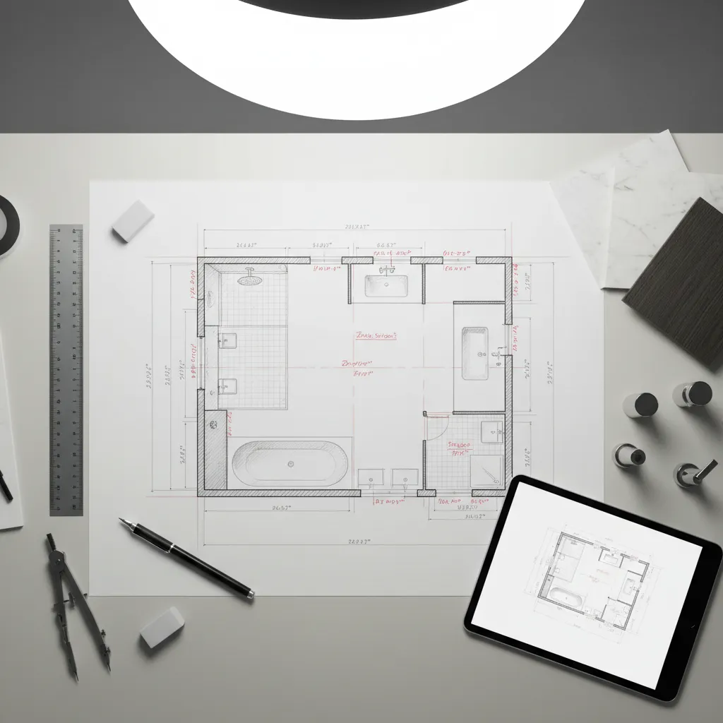 Plano de distribución de baño mostrando lavabo ducha e inodoro