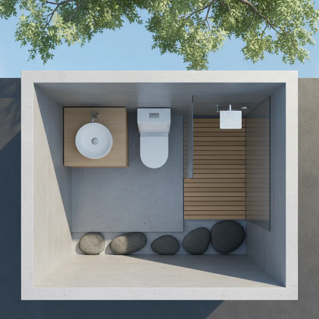 Plano de distribución de un baño exterior pequeño