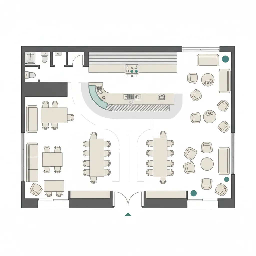 Plano de distribución de cafetería con zonas de barra y mesas